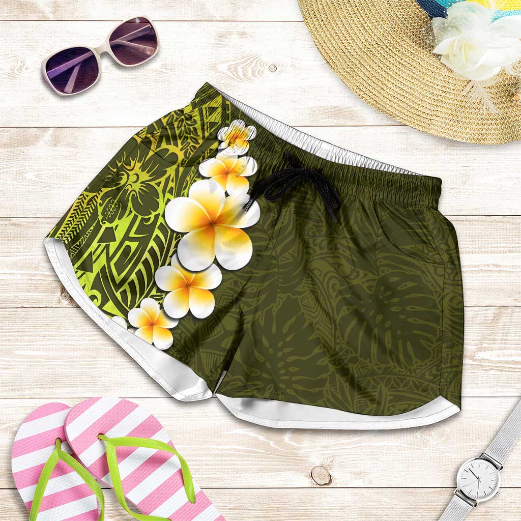 Lime Green Polynesia Shorts for Women Plumeria Tropical Leaves With Galaxy Polynesian Art - Polynesian Pride