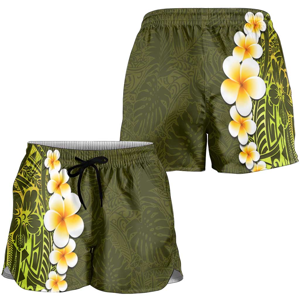 Lime Green Polynesia Shorts for Women Plumeria Tropical Leaves With Galaxy Polynesian Art LT14 - Polynesian Pride