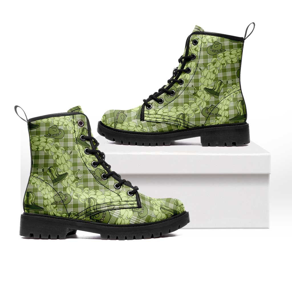 Lime Palaka Hawaii Cowboy Leather Boots Puakenikeni Lei Paniolo Papale Seamless Vibes - Polynesian Pride