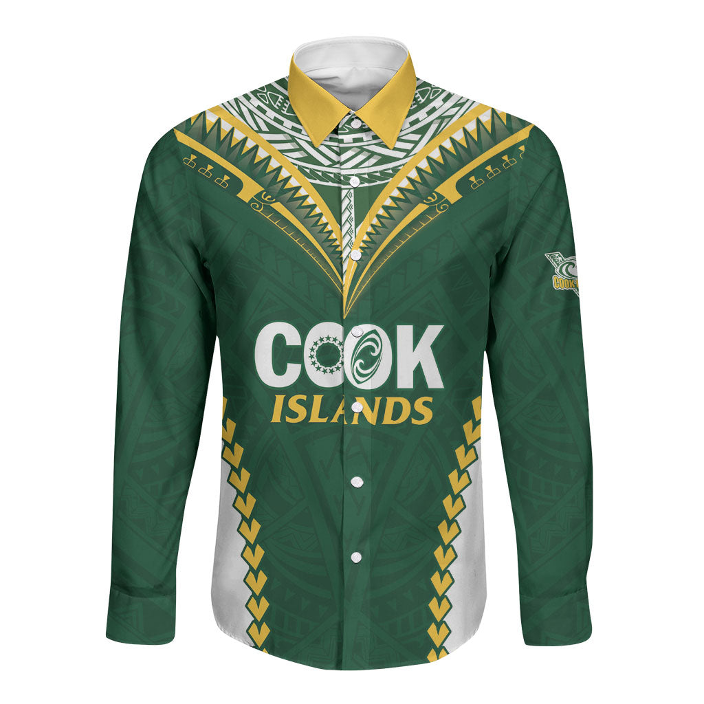 Custom Rugby League Cook Islands Long Sleeve Button Shirt Tribal Pattern Green Version LT01 Unisex Green - Polynesian Pride