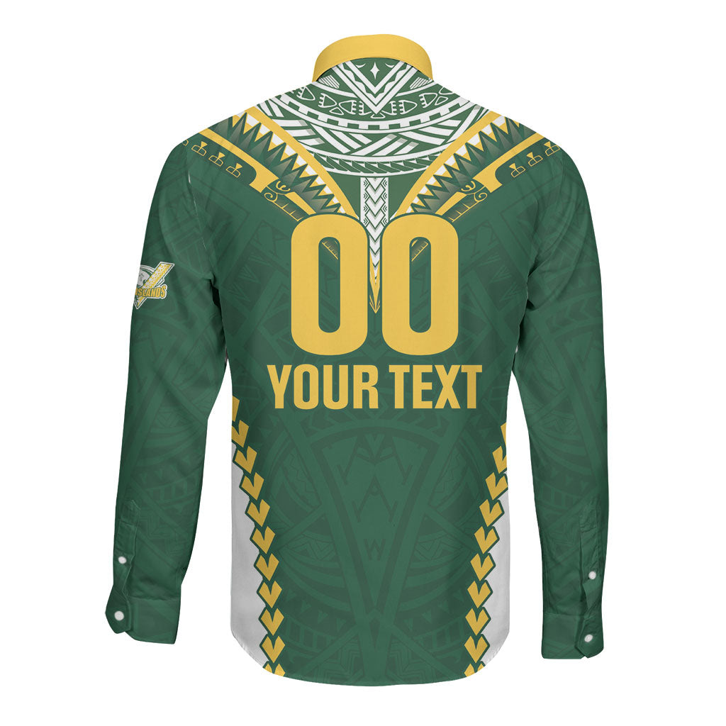 Custom Rugby League Cook Islands Long Sleeve Button Shirt Tribal Pattern Green Version LT01 - Polynesian Pride