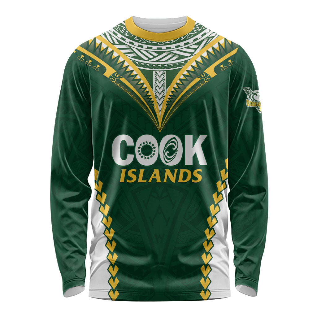 Custom Rugby League Cook Islands Long Sleeve Shirt Tribal Pattern Green Version
