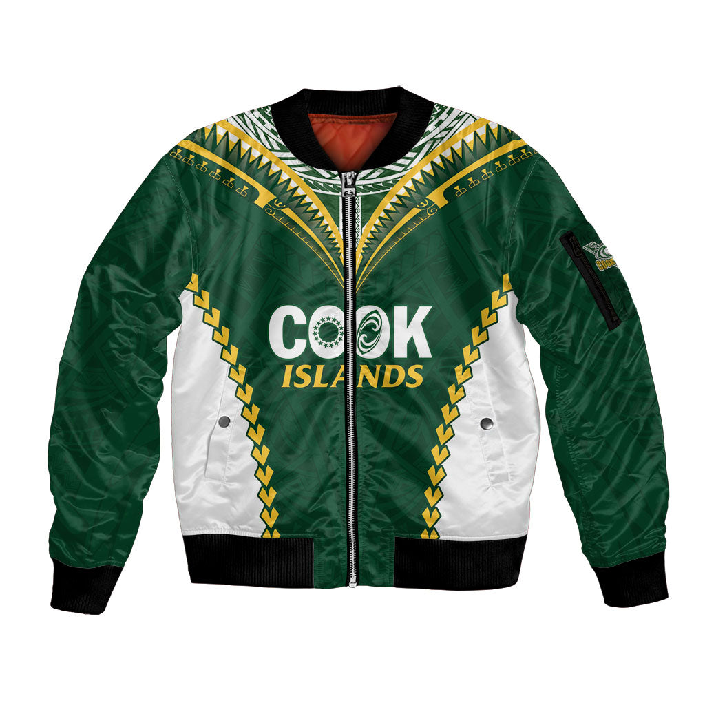 Custom Rugby League Cook Islands Sleeve Zip Bomber Jacket Tribal Pattern Green Version
