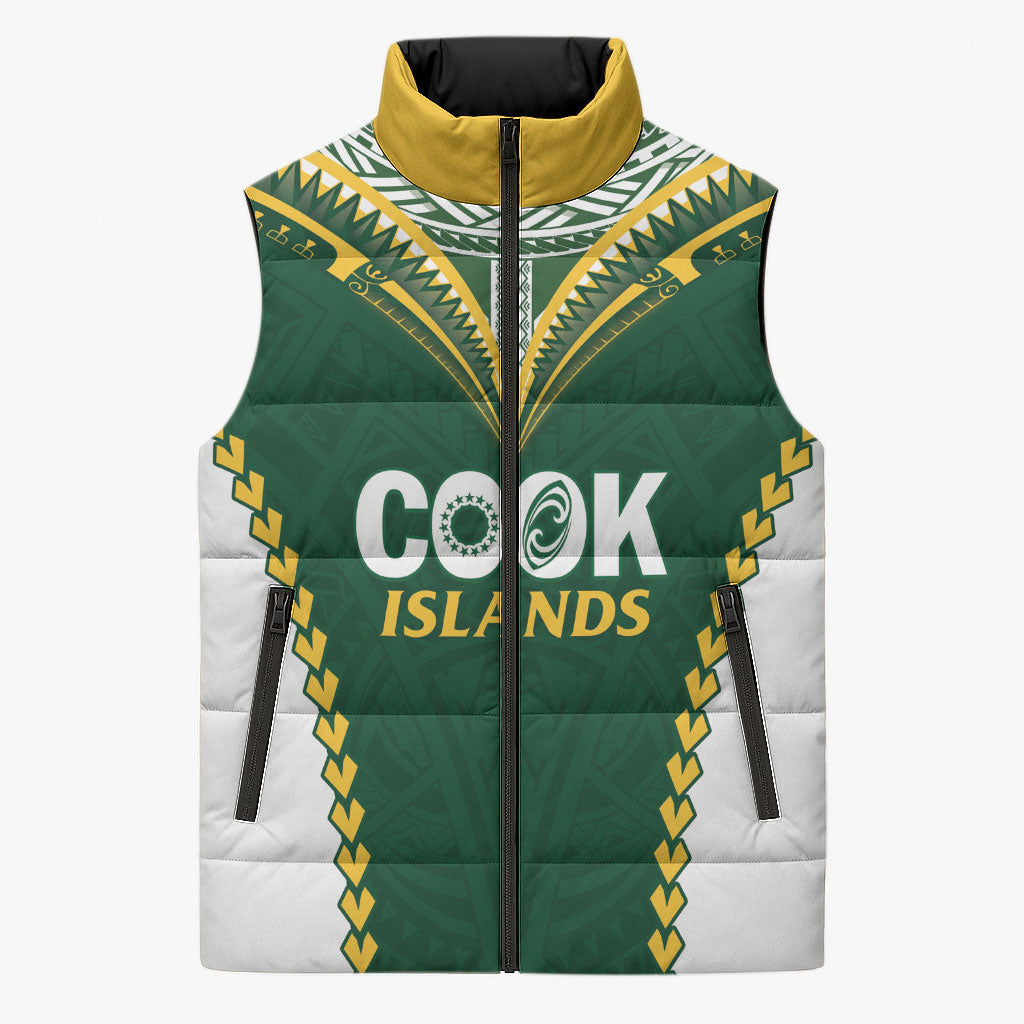 Custom Rugby League Cook Islands Sleeveless Puffer Jacket Tribal Pattern Green Version