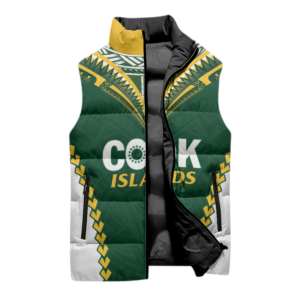 Custom Rugby League Cook Islands Sleeveless Puffer Jacket Tribal Pattern Green Version LT01 - Polynesian Pride