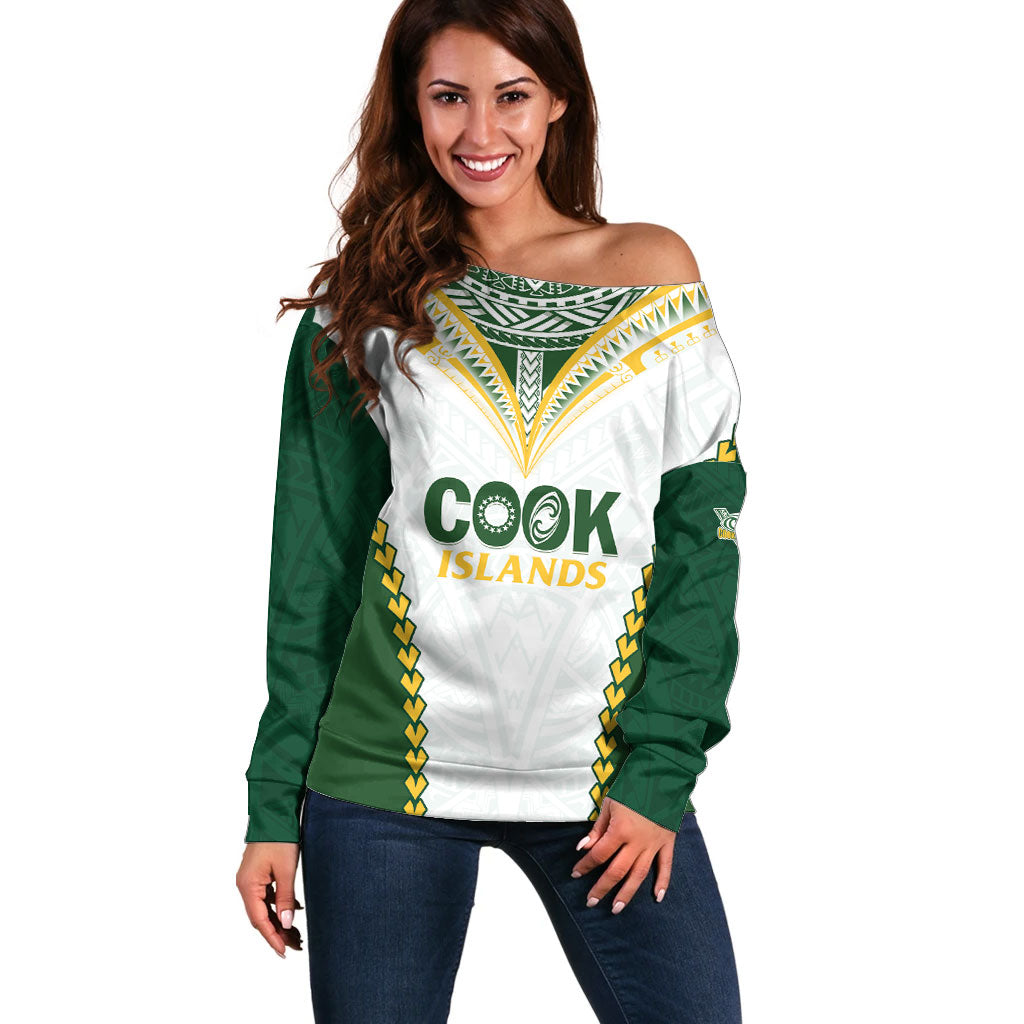 Custom Rugby League Cook Islands Off Shoulder Sweater Tribal Pattern White Version LT01 Women White - Polynesian Pride