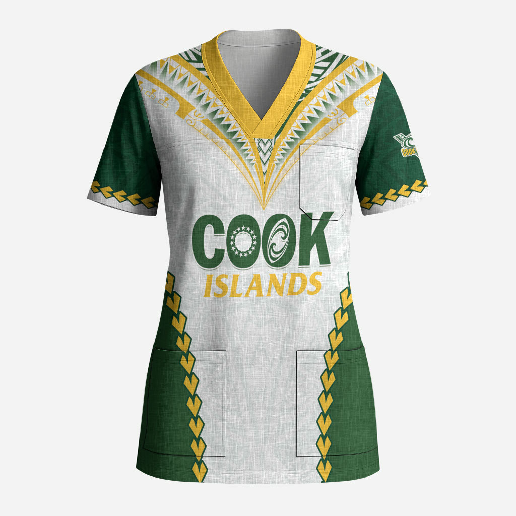 Custom Rugby League Cook Islands Scrub Top Tribal Pattern White Version LT01 Adult White - Polynesian Pride