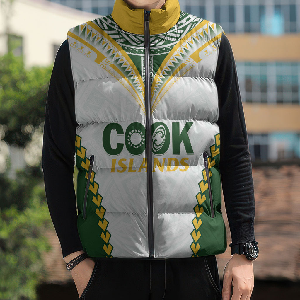 Custom Rugby League Cook Islands Sleeveless Puffer Jacket Tribal Pattern White Version LT01 - Polynesian Pride