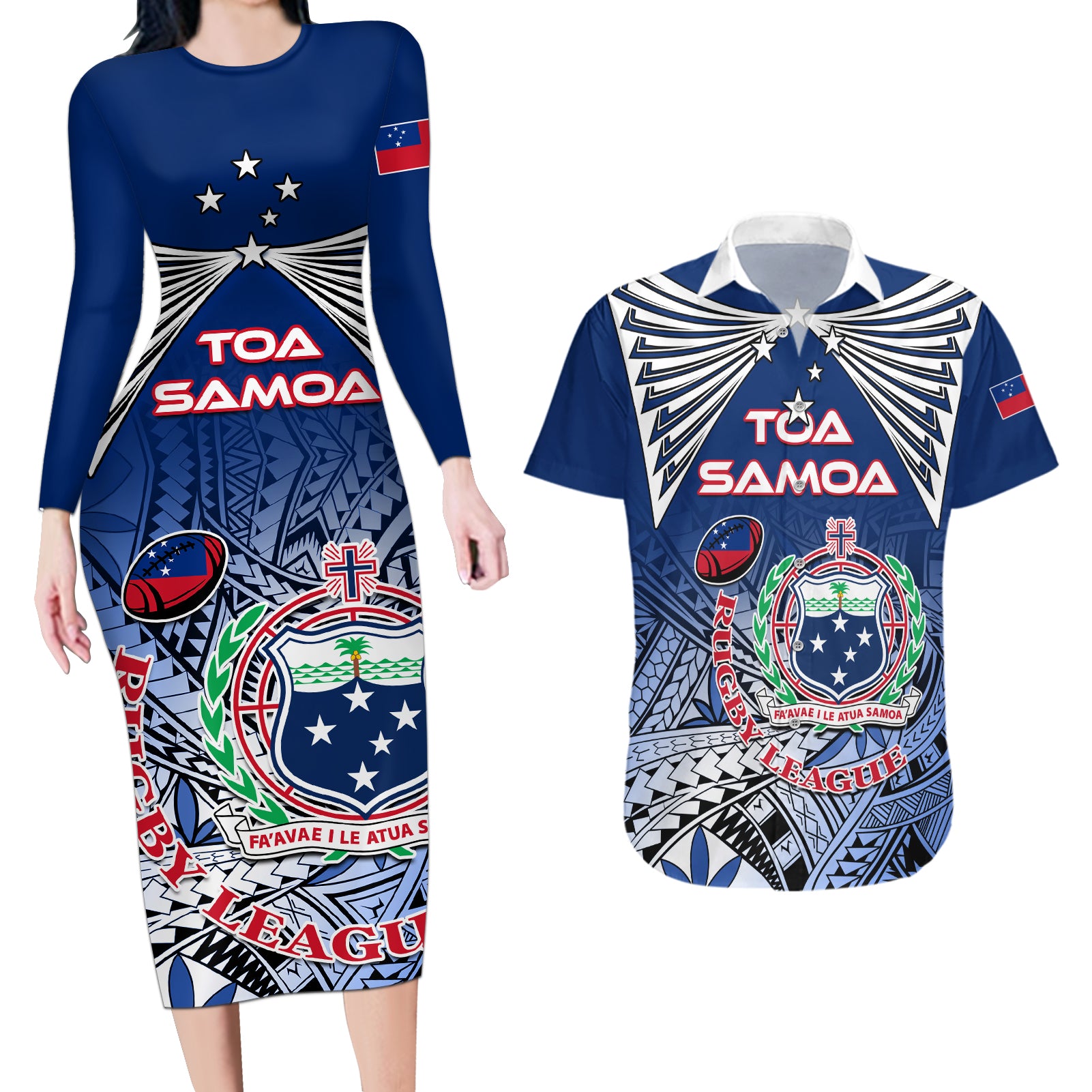 Custom Samoa Rugby Couples Matching Long Sleeve Bodycon Dress and Hawaiian Shirt Toa Samoa Myriad Patterns LT01 Blue - Polynesian Pride