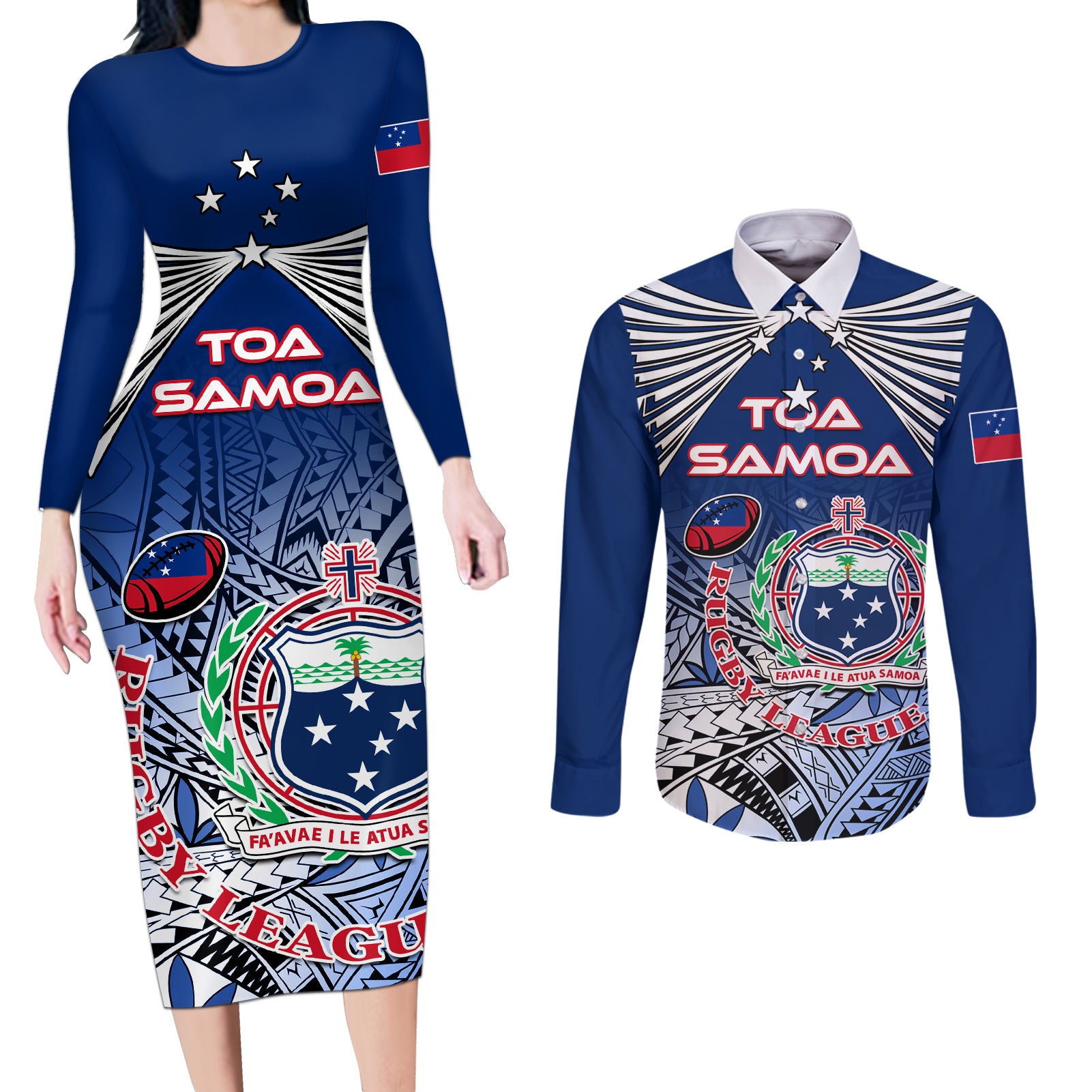 Custom Samoa Rugby Couples Matching Long Sleeve Bodycon Dress and Long Sleeve Button Shirt Toa Samoa Myriad Patterns LT01 Blue - Polynesian Pride