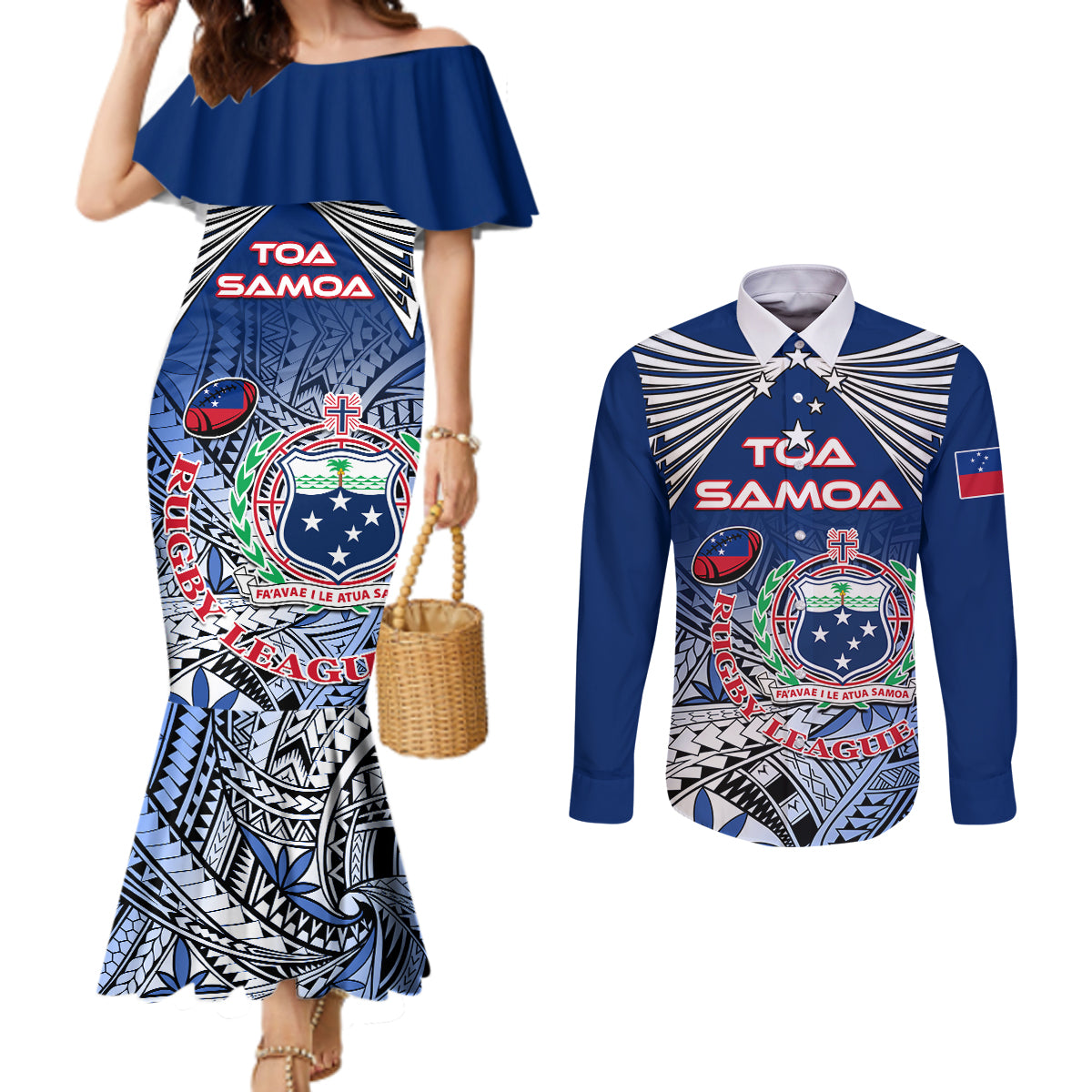 Custom Samoa Rugby Couples Matching Mermaid Dress and Long Sleeve Button Shirt Toa Samoa Myriad Patterns LT01 Blue - Polynesian Pride