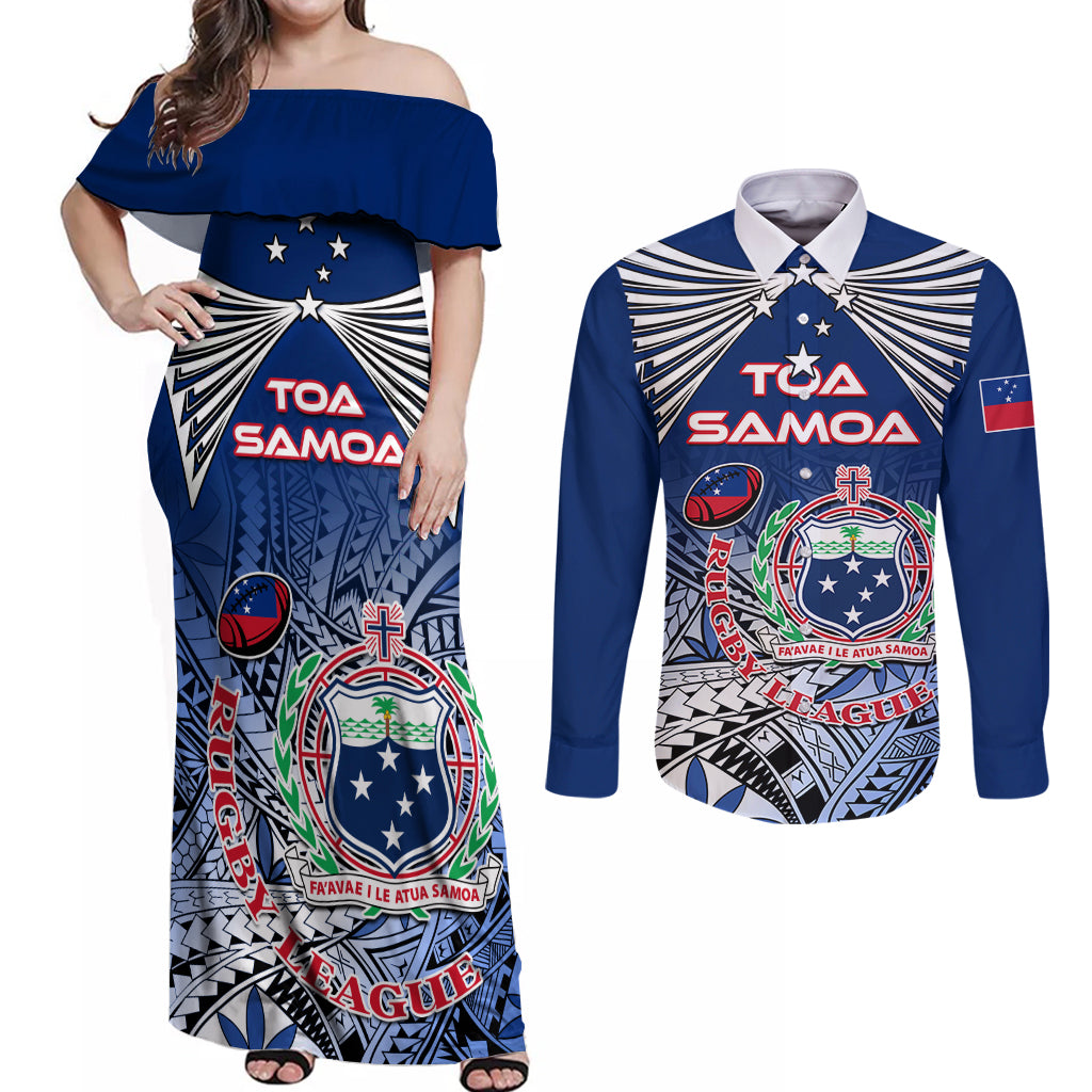 Custom Samoa Rugby Couples Matching Off Shoulder Maxi Dress and Long Sleeve Button Shirt Toa Samoa Myriad Patterns LT01 Blue - Polynesian Pride