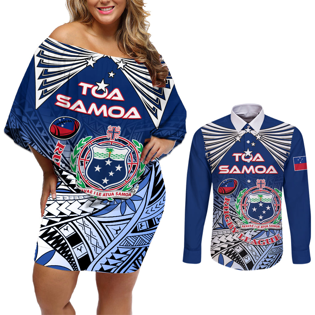 Custom Samoa Rugby Couples Matching Off Shoulder Short Dress and Long Sleeve Button Shirt Toa Samoa Myriad Patterns LT01 Blue - Polynesian Pride