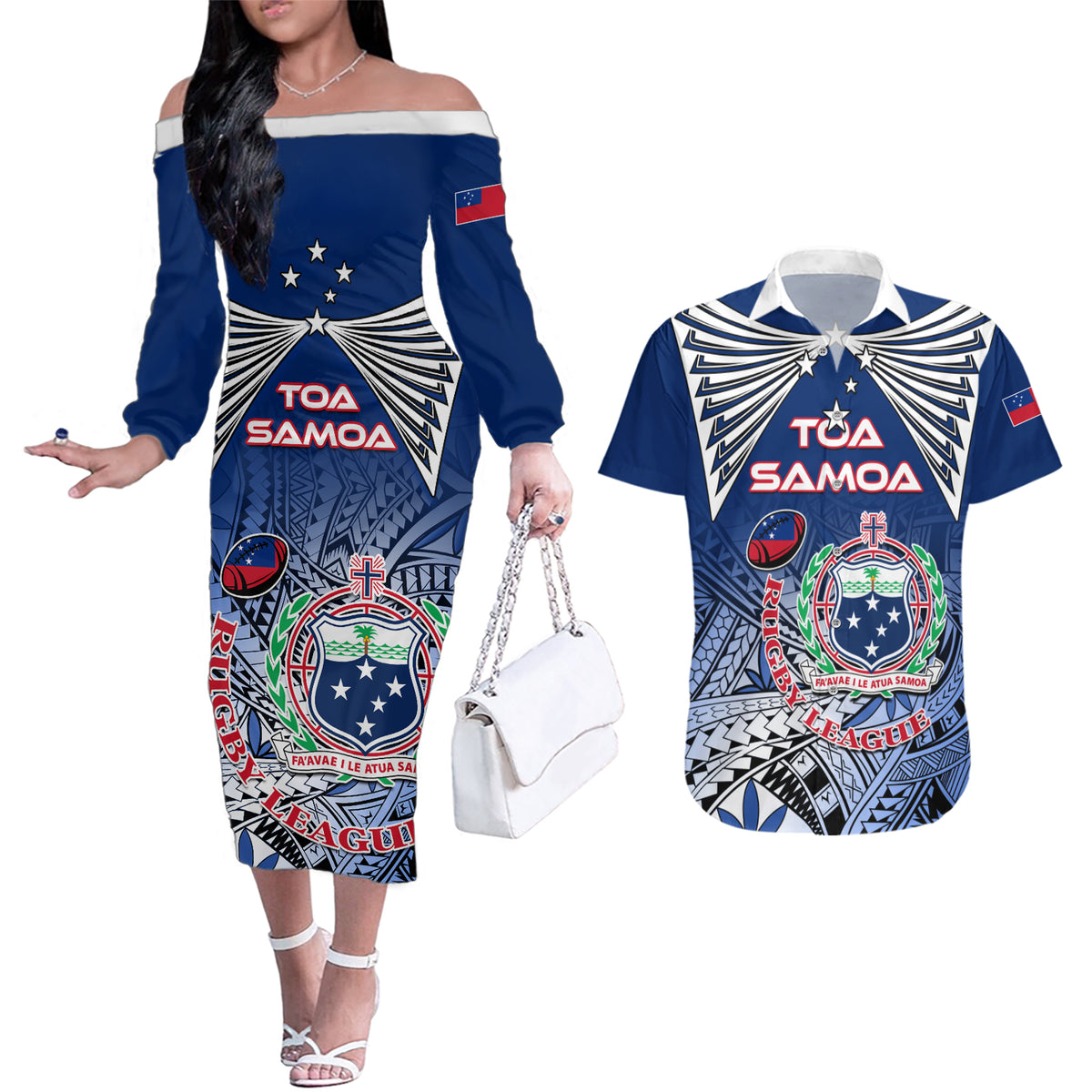 Custom Samoa Rugby Couples Matching Off The Shoulder Long Sleeve Dress and Hawaiian Shirt Toa Samoa Myriad Patterns LT01 Blue - Polynesian Pride