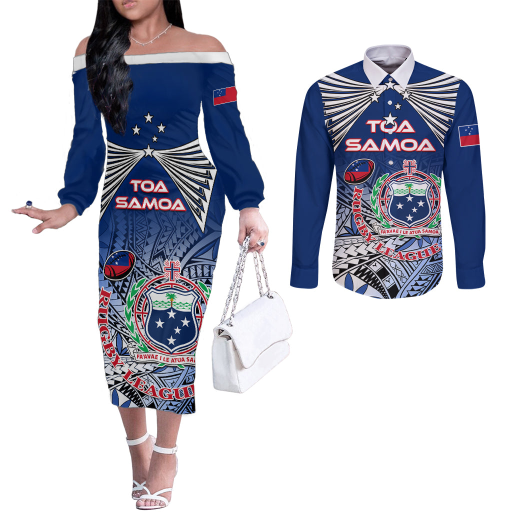 Custom Samoa Rugby Couples Matching Off The Shoulder Long Sleeve Dress and Long Sleeve Button Shirt Toa Samoa Myriad Patterns LT01 Blue - Polynesian Pride