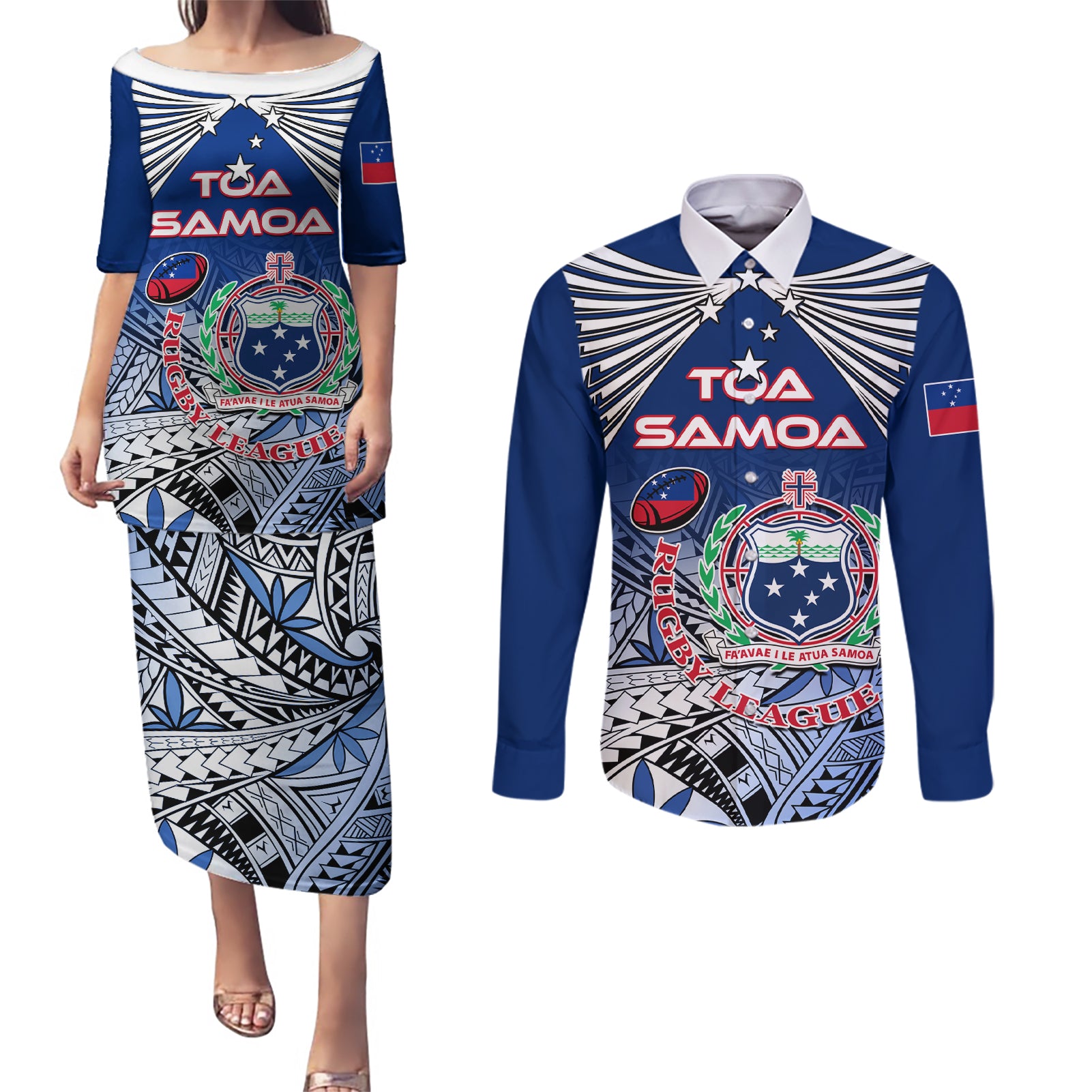 Custom Samoa Rugby Couples Matching Puletasi Dress and Long Sleeve Button Shirt Toa Samoa Myriad Patterns LT01 Blue - Polynesian Pride