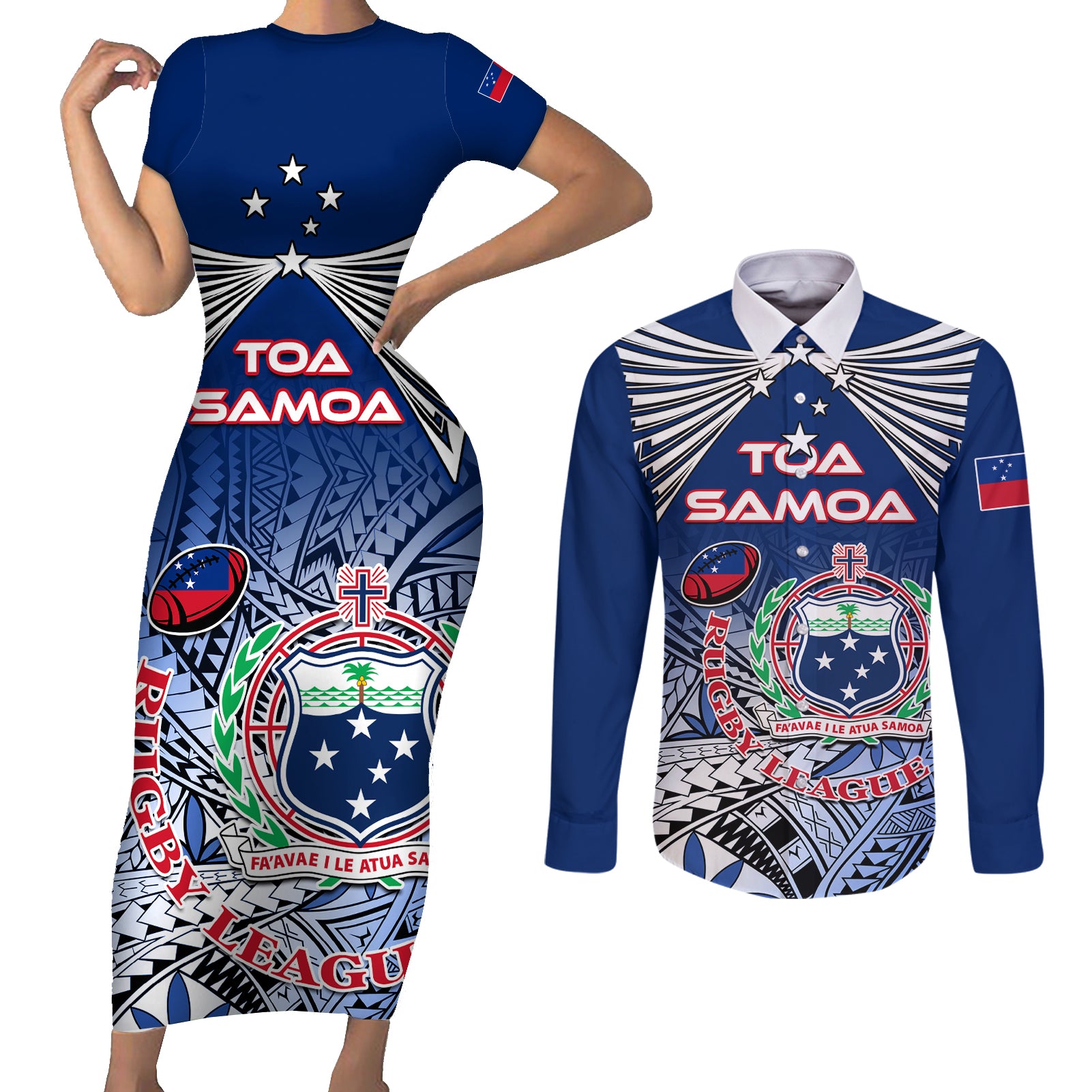 Custom Samoa Rugby Couples Matching Short Sleeve Bodycon Dress and Long Sleeve Button Shirt Toa Samoa Myriad Patterns LT01 Blue - Polynesian Pride