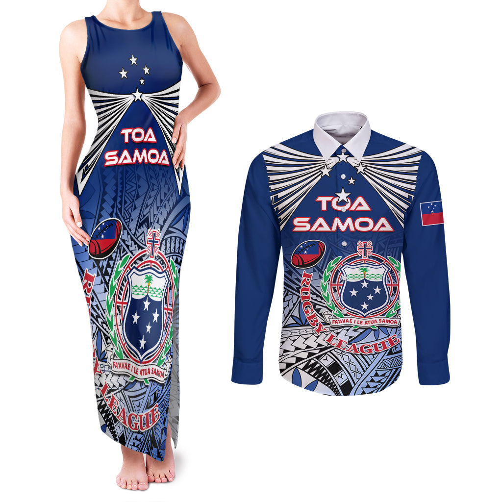 Custom Samoa Rugby Couples Matching Tank Maxi Dress and Long Sleeve Button Shirt Toa Samoa Myriad Patterns LT01 Blue - Polynesian Pride