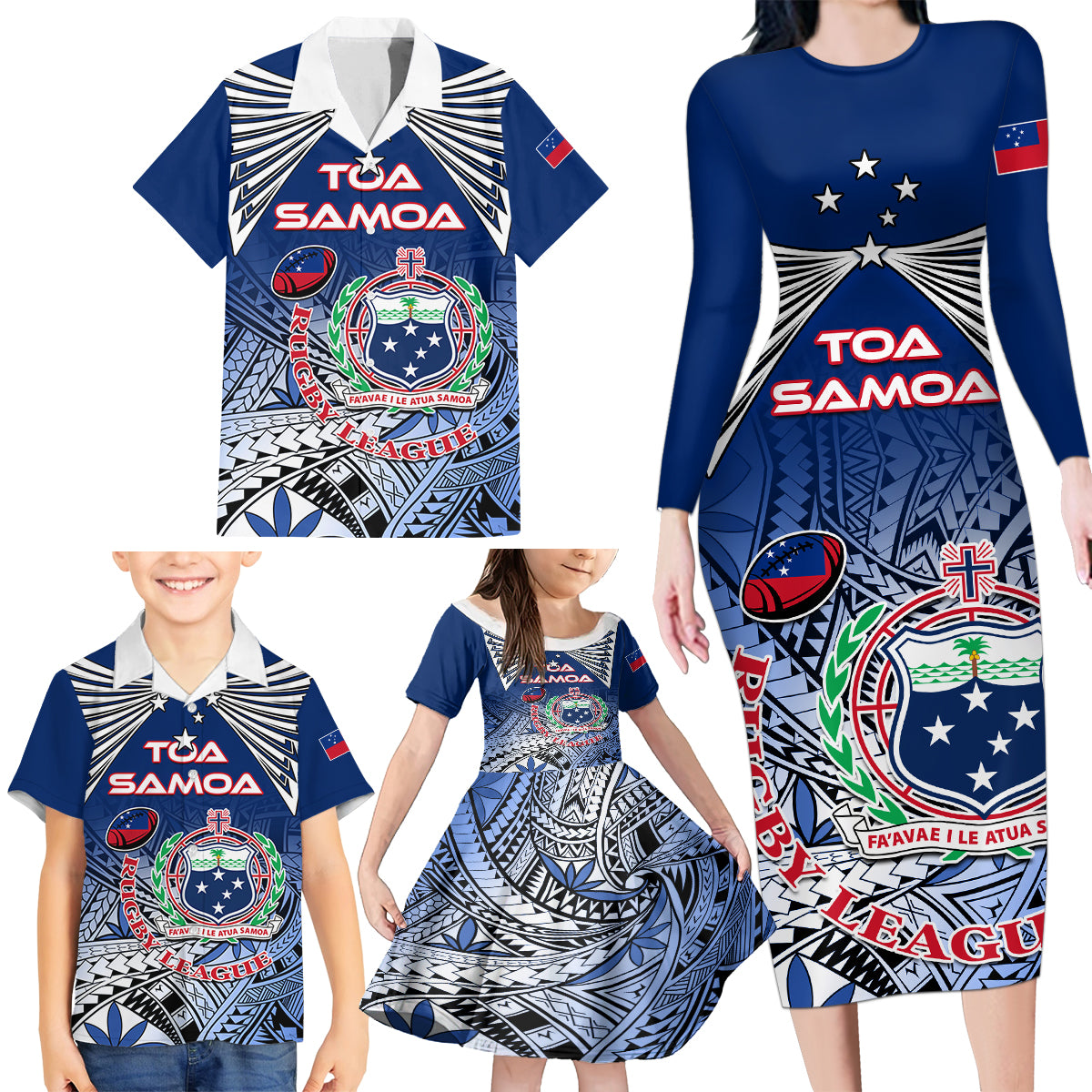 Custom Samoa Rugby Family Matching Long Sleeve Bodycon Dress and Hawaiian Shirt Toa Samoa Myriad Patterns LT01 - Polynesian Pride