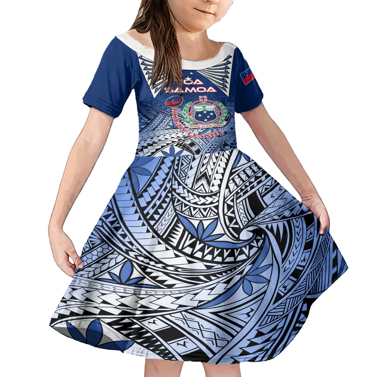 Custom Samoa Rugby Family Matching Off Shoulder Short Dress and Hawaiian Shirt Toa Samoa Myriad Patterns LT01 Daughter's Dress Blue - Polynesian Pride