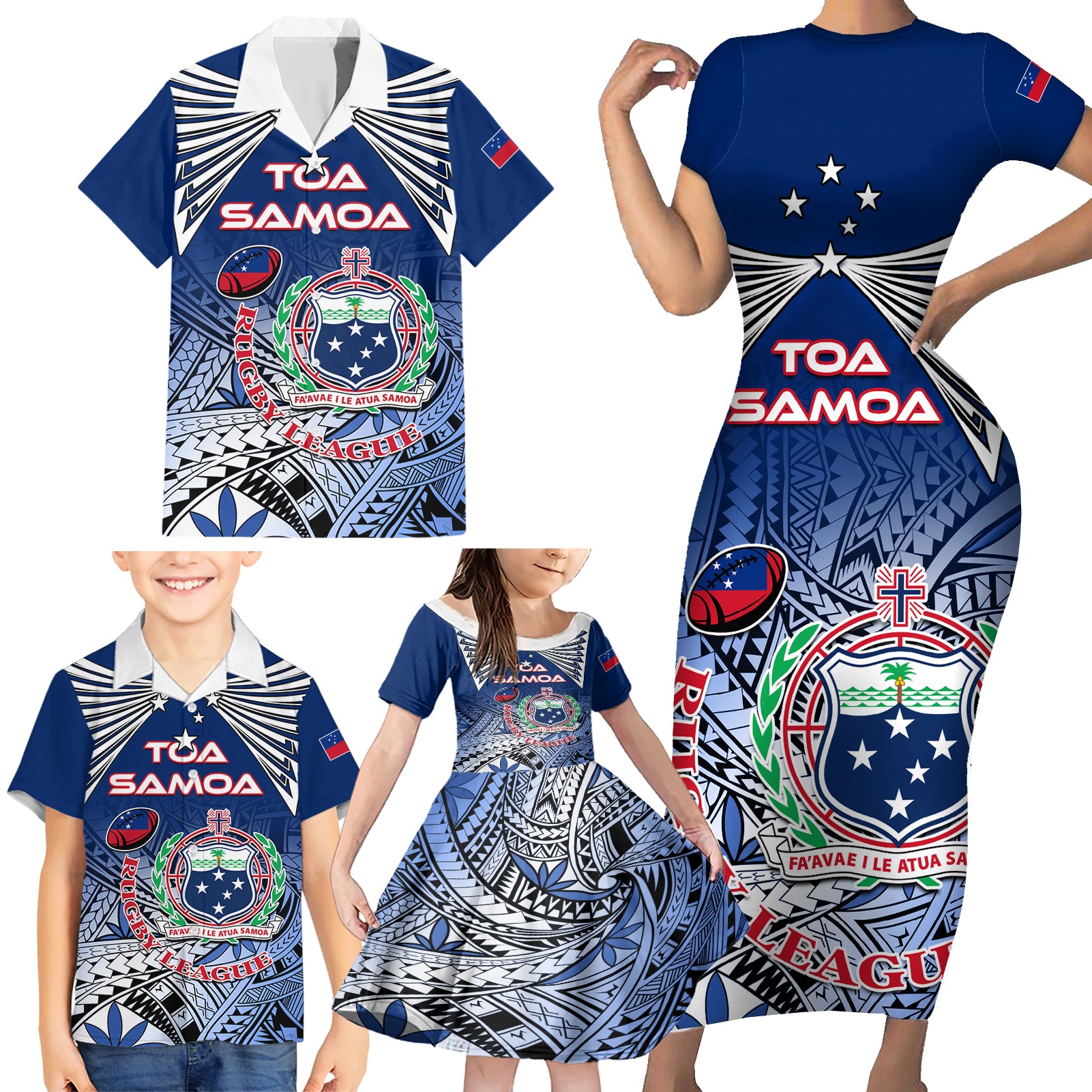 Custom Samoa Rugby Family Matching Short Sleeve Bodycon Dress and Hawaiian Shirt Toa Samoa Myriad Patterns LT01 - Polynesian Pride