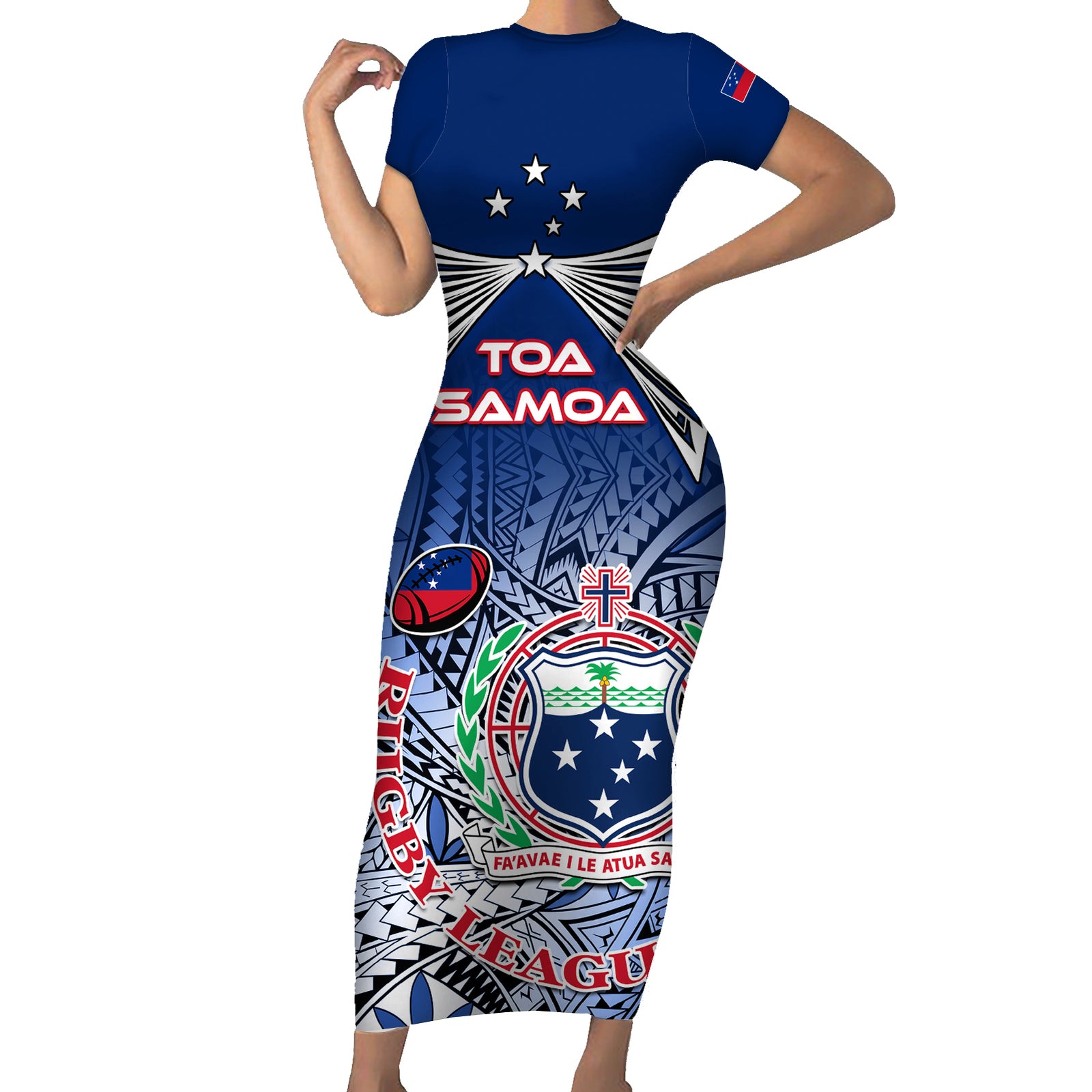 Custom Samoa Rugby Short Sleeve Bodycon Dress Toa Samoa Myriad Patterns LT01 Long Dress Blue - Polynesian Pride