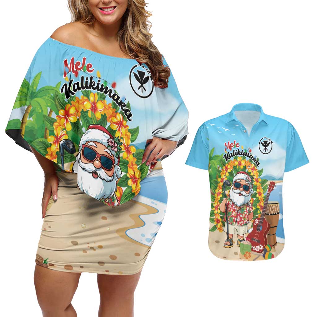 Personalized Hawaii Golf Christmas Couples Matching Off Shoulder Short Dress and Hawaiian Shirt Mele Kalikimaka Funny Golfer Santa - Polynesian Pride
