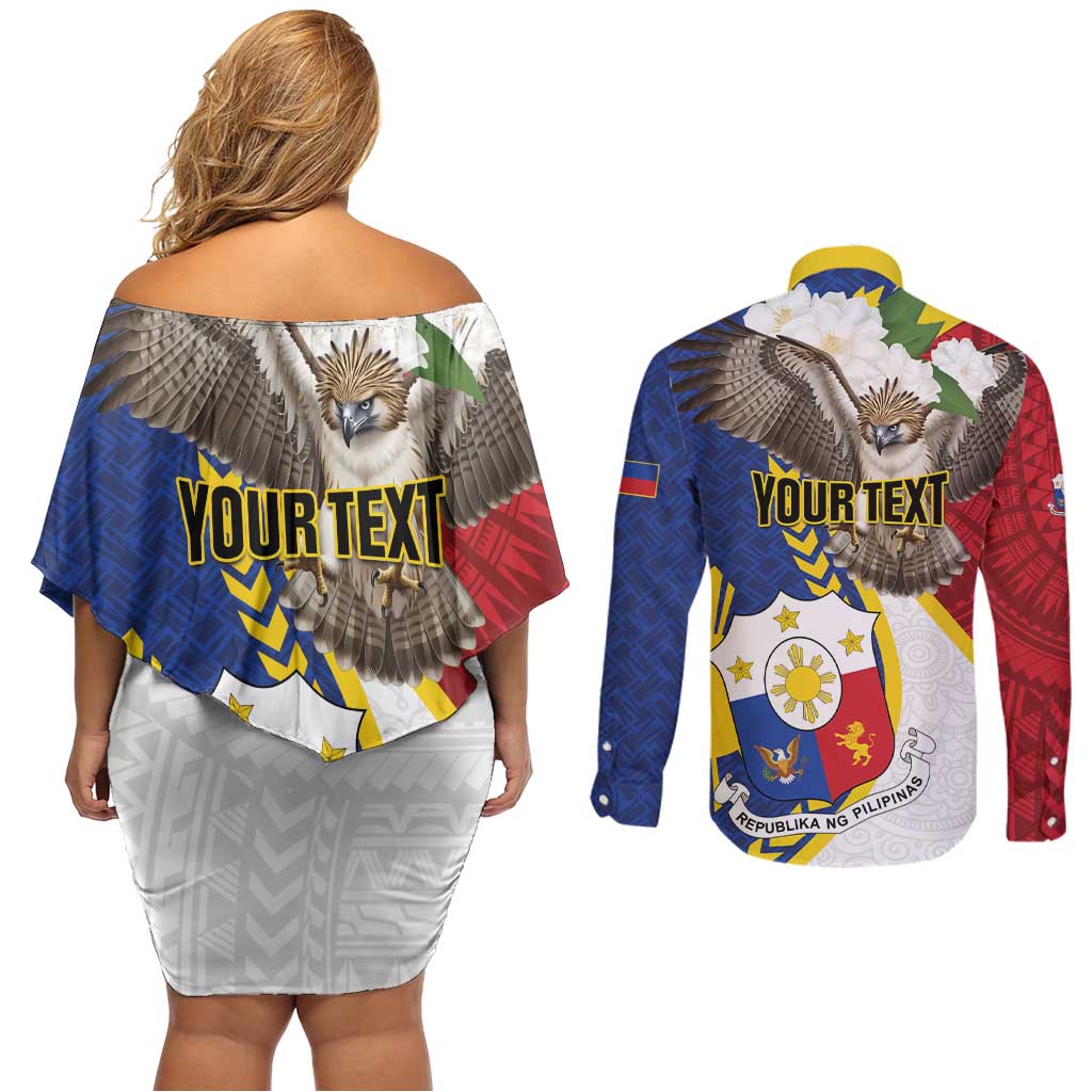 Personalized Philippines Couples Matching Off Shoulder Short Dress and Long Sleeve Button Shirt Filipino Araw ng Kalayaan LT01 - Polynesian Pride