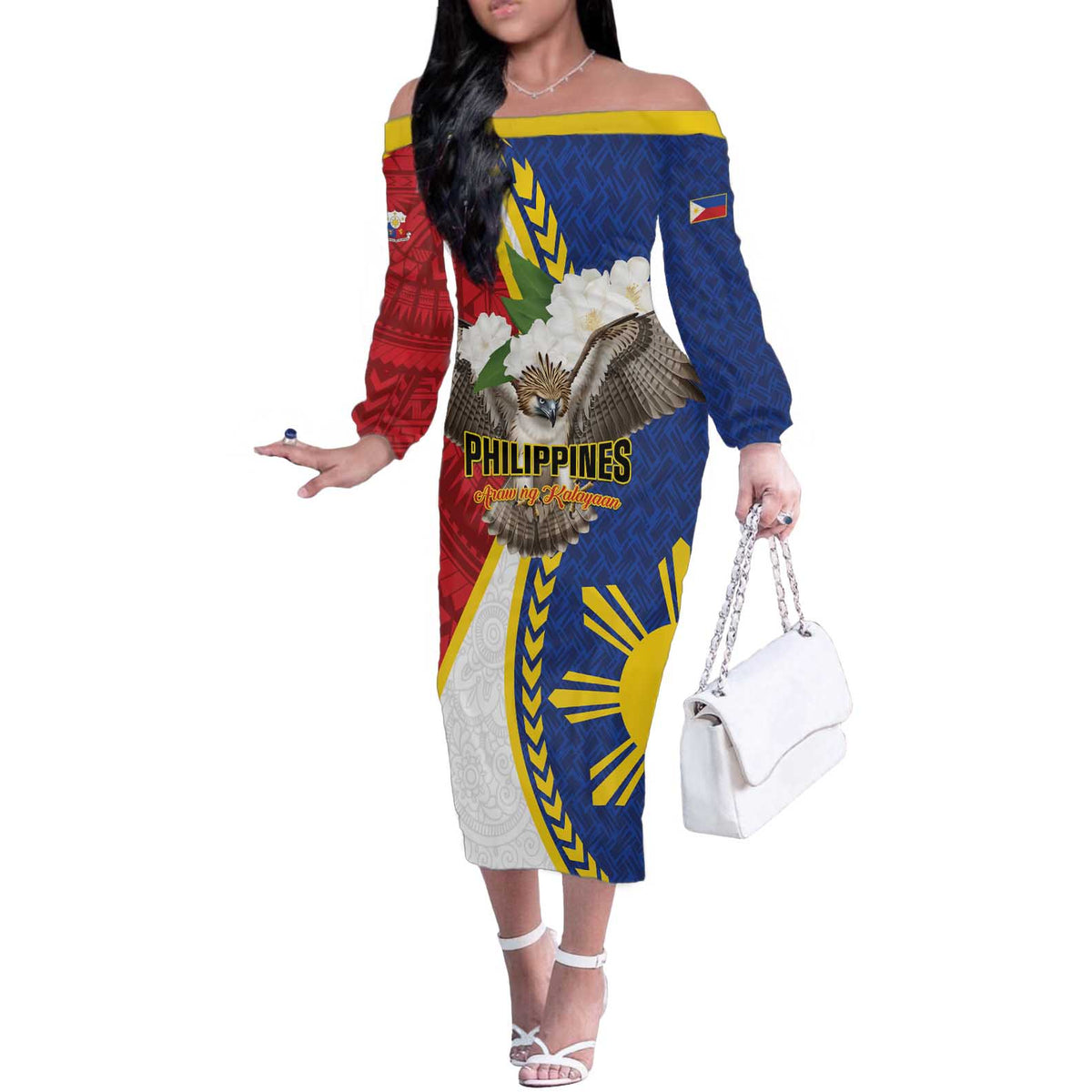 Personalized Philippines Off The Shoulder Long Sleeve Dress Filipino Araw ng Kalayaan LT01 Women Multicolor - Polynesian Pride