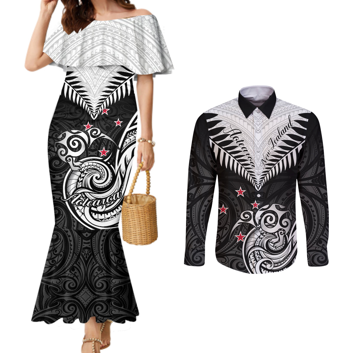 New Zealand Couples Matching Mermaid Dress and Long Sleeve Button Shirts Aotearoa Maori Kiwi Black Fern LT01 Black - Polynesian Pride