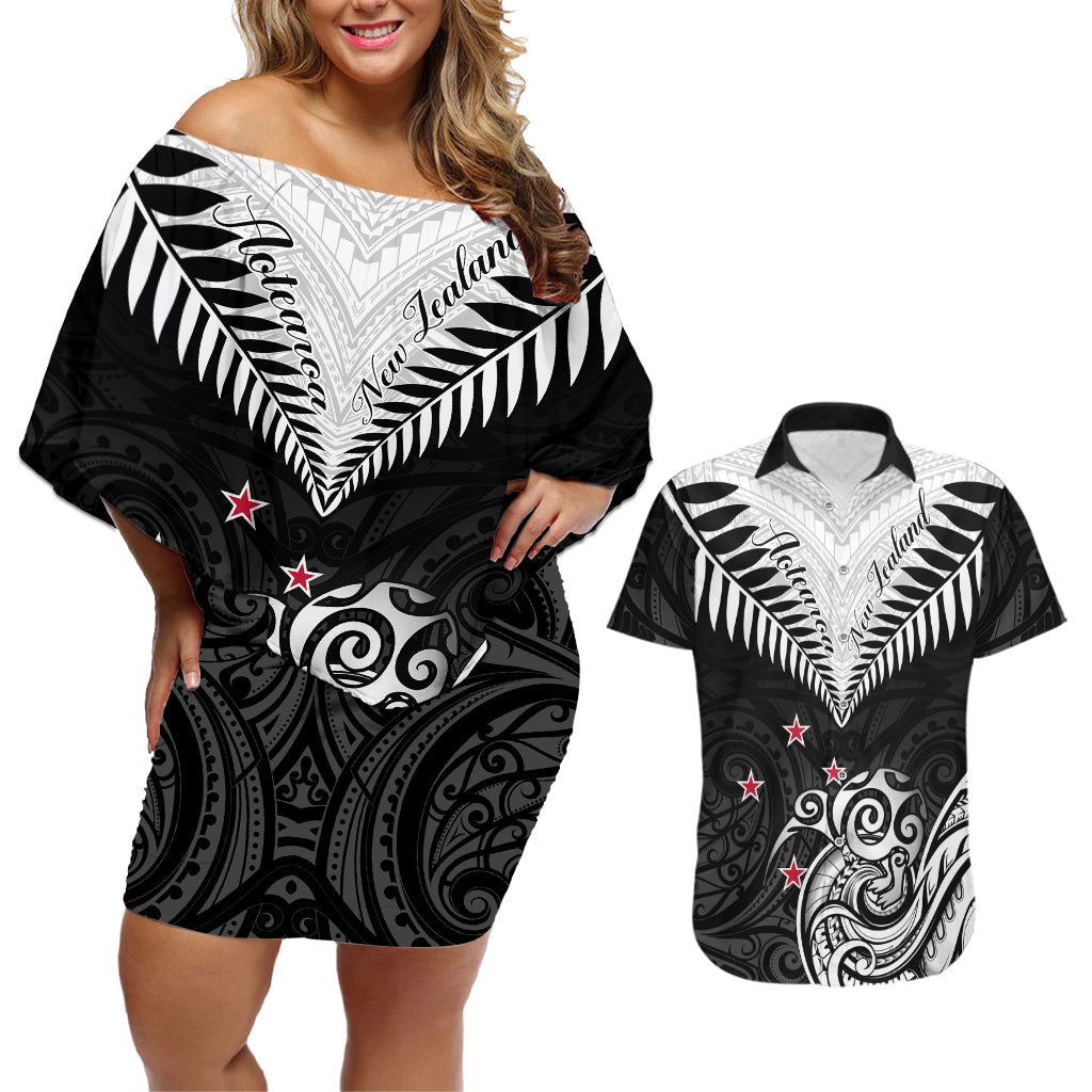 New Zealand Couples Matching Off Shoulder Short Dress and Hawaiian Shirt Aotearoa Maori Kiwi Black Fern LT01 Black - Polynesian Pride