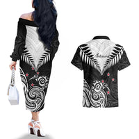 New Zealand Couples Matching Off The Shoulder Long Sleeve Dress and Hawaiian Shirt Aotearoa Maori Kiwi Black Fern LT01 - Polynesian Pride