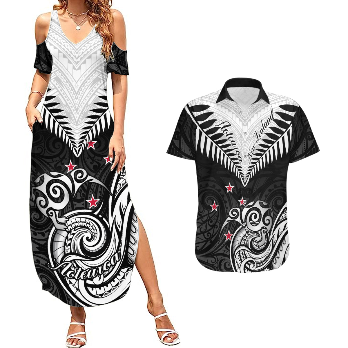 New Zealand Couples Matching Summer Maxi Dress and Hawaiian Shirt Aotearoa Maori Kiwi Black Fern LT01 Black - Polynesian Pride