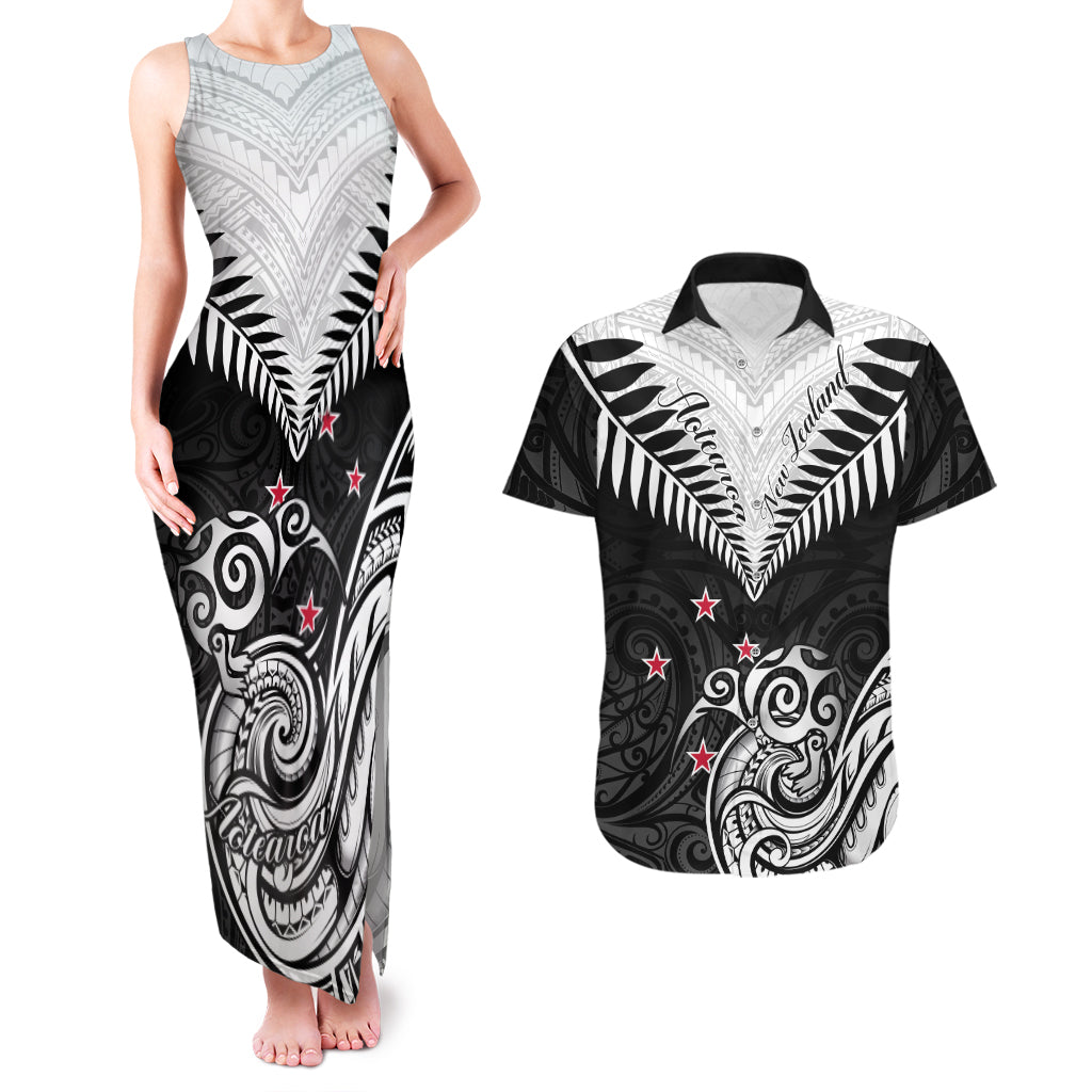 New Zealand Couples Matching Tank Maxi Dress And Hawaiian Shirt Aotearoa Maori Kiwi Black Fern LT01 Black - Polynesian Pride
