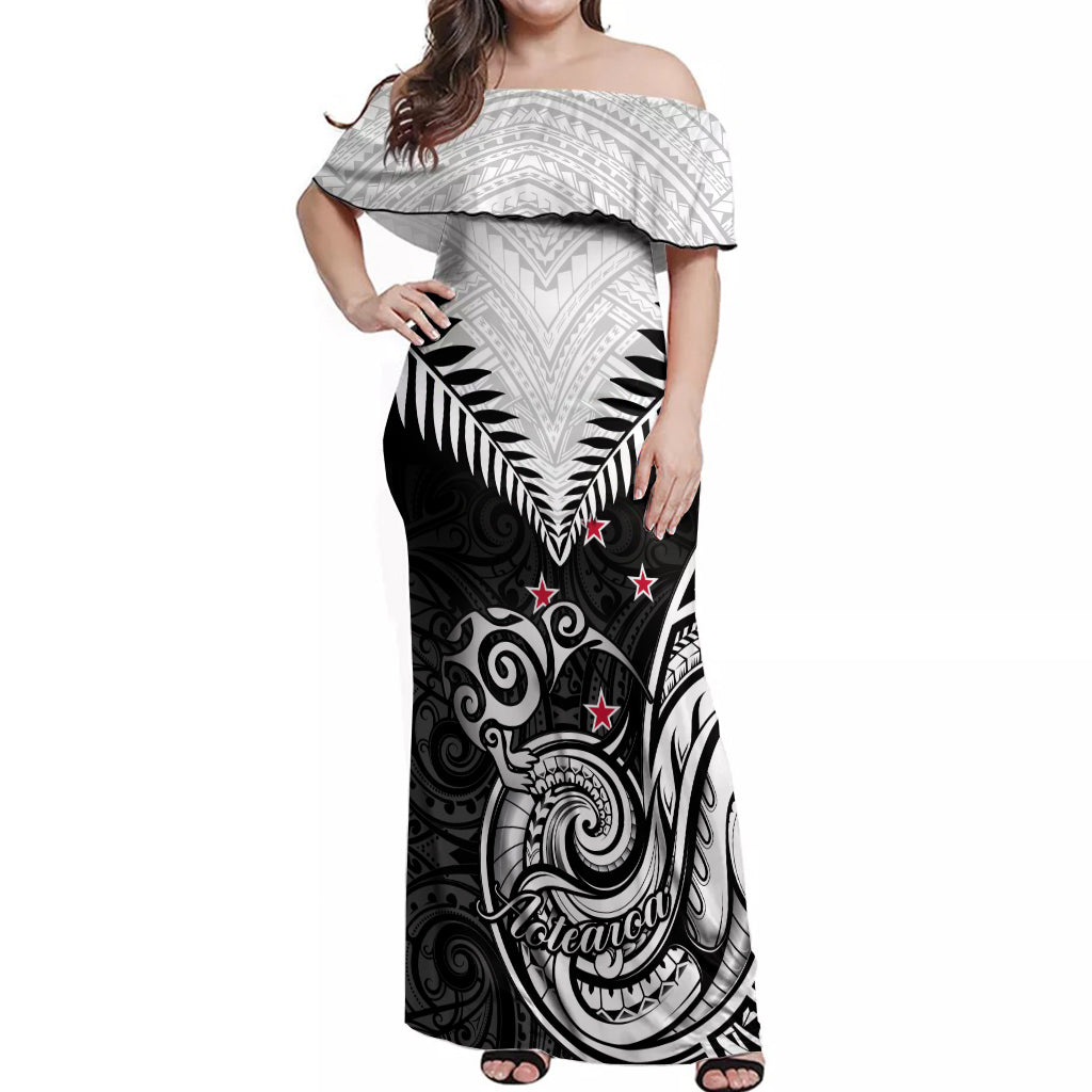 New Zealand Off Shoulder Maxi Dress Aotearoa Maori Kiwi Black Fern LT01 Women Black - Polynesian Pride