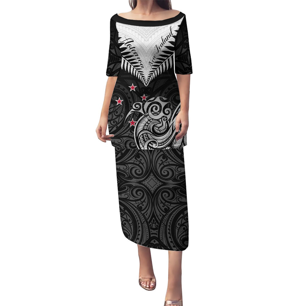 New Zealand Puletasi Aotearoa Maori Kiwi Black Fern LT01 Long Dress Black - Polynesian Pride