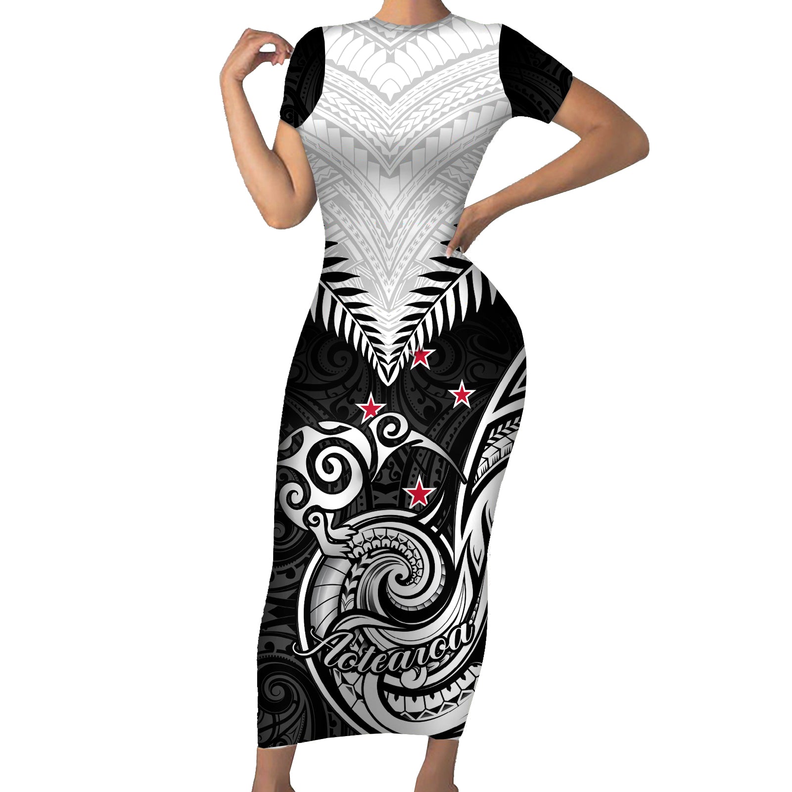 New Zealand Short Sleeve Bodycon Dress Aotearoa Maori Kiwi Black Fern LT01 Long Dress Black - Polynesian Pride