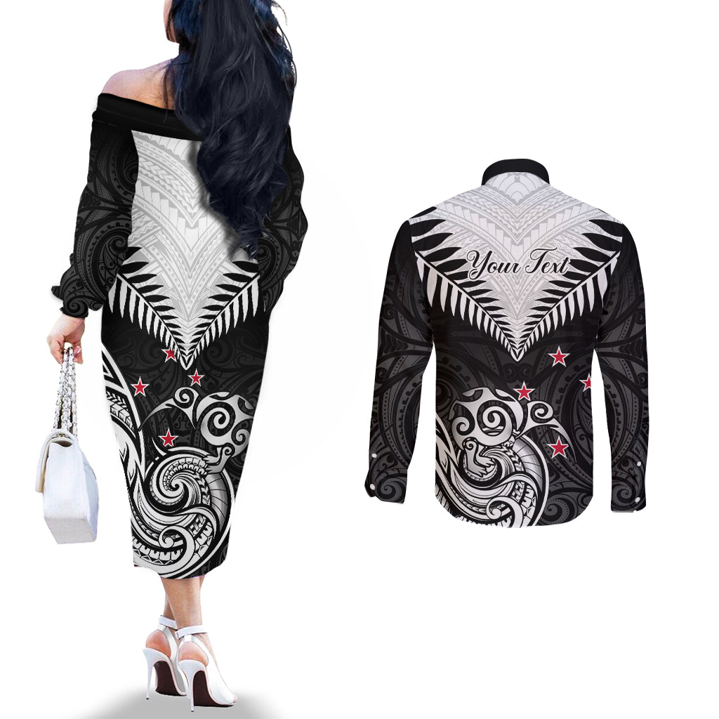 Personalised New Zealand Couples Matching Off The Shoulder Long Sleeve Dress and Long Sleeve Button Shirts Aotearoa Maori Kiwi Black Fern LT01 - Polynesian Pride