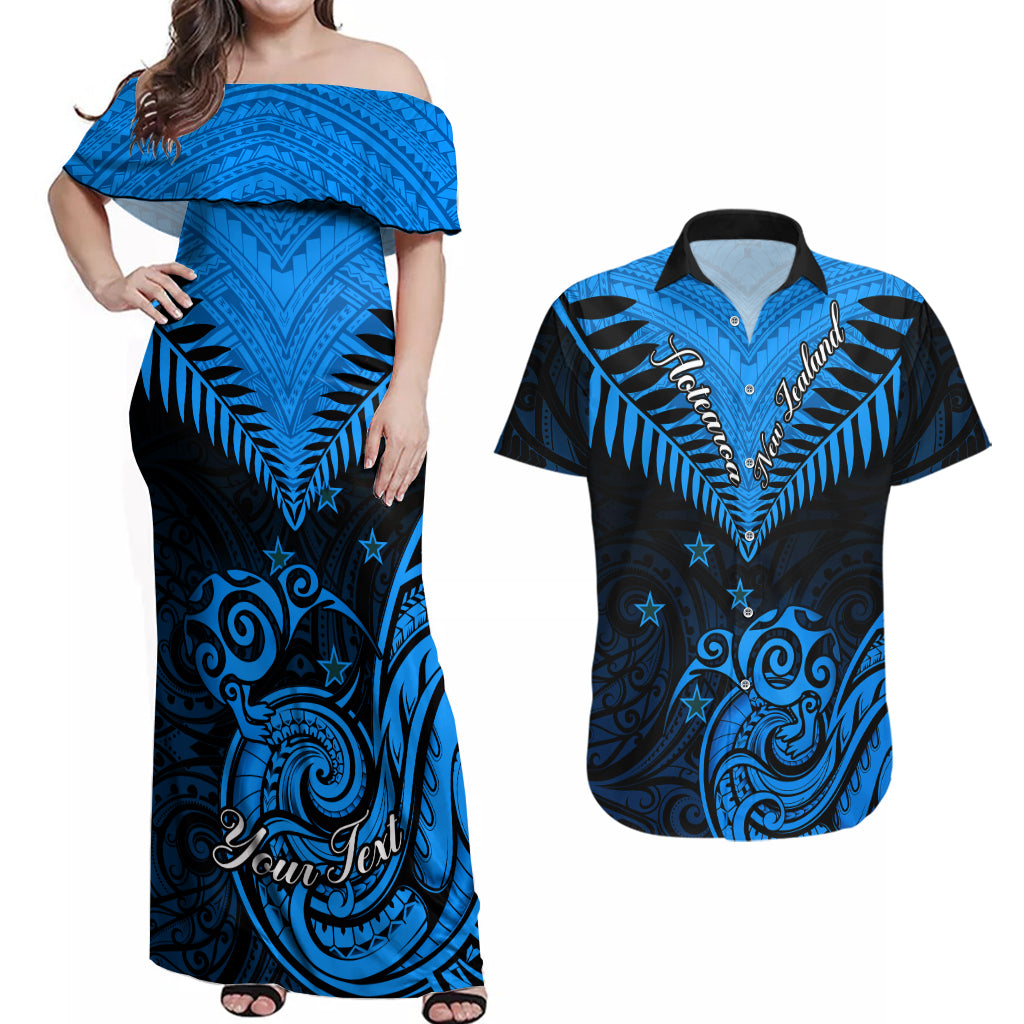 Personalised New Zealand Couples Matching Off Shoulder Maxi Dress and Hawaiian Shirt Aotearoa Blue Maori Kiwi Blue Fern LT01 Blue - Polynesian Pride