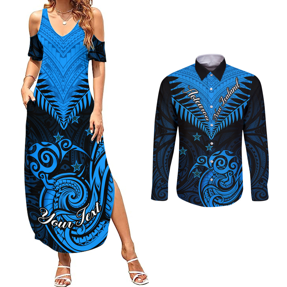 Personalised New Zealand Couples Matching Summer Maxi Dress and Long Sleeve Button Shirts Aotearoa Blue Maori Kiwi Blue Fern LT01 Blue - Polynesian Pride