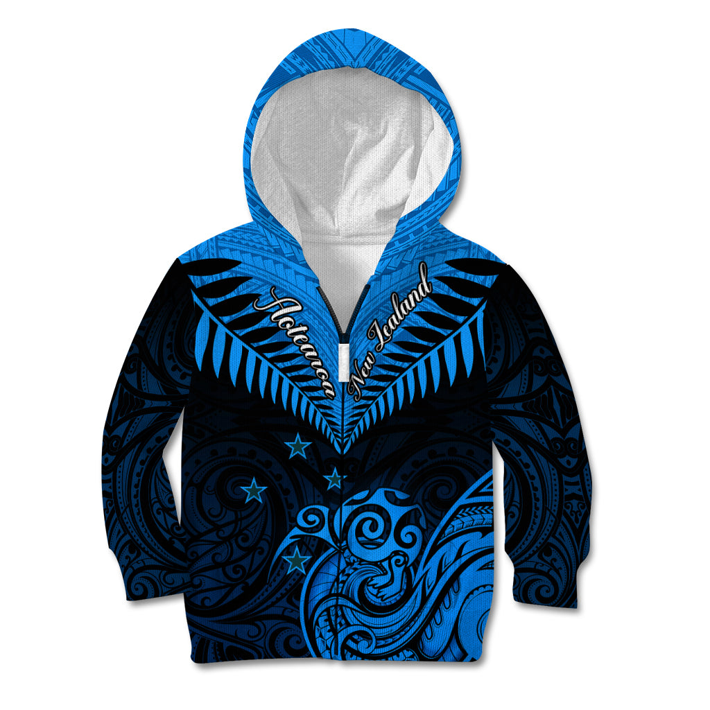Personalised New Zealand Kid Hoodie Aotearoa Blue Maori Kiwi Blue Fern LT01 Zip Hoodie Blue - Polynesian Pride