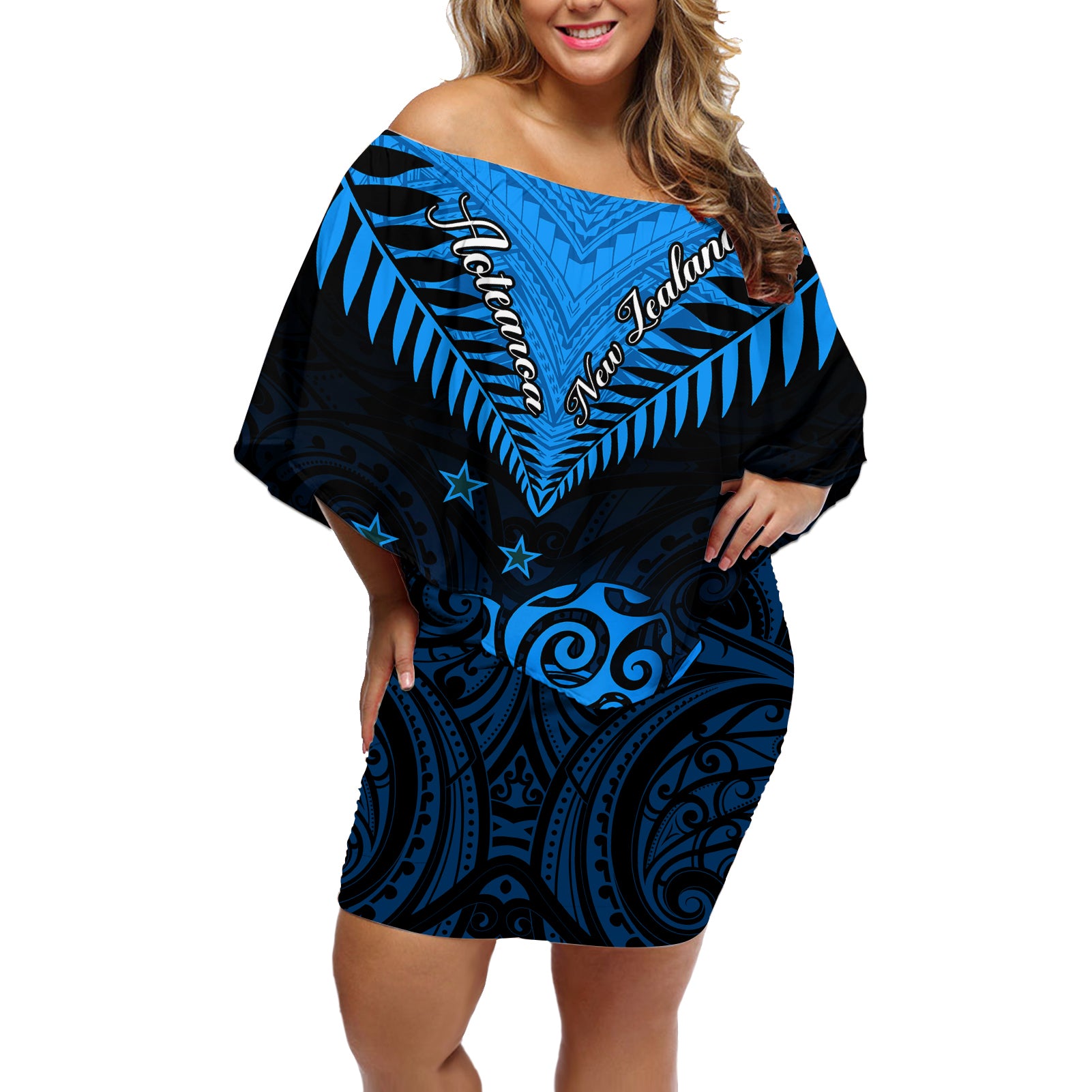 Personalised New Zealand Off Shoulder Short Dress Aotearoa Blue Maori Kiwi Blue Fern LT01 Women Blue - Polynesian Pride