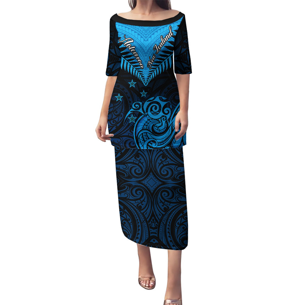 Personalised New Zealand Puletasi Aotearoa Blue Maori Kiwi Blue Fern LT01 Long Dress Blue - Polynesian Pride