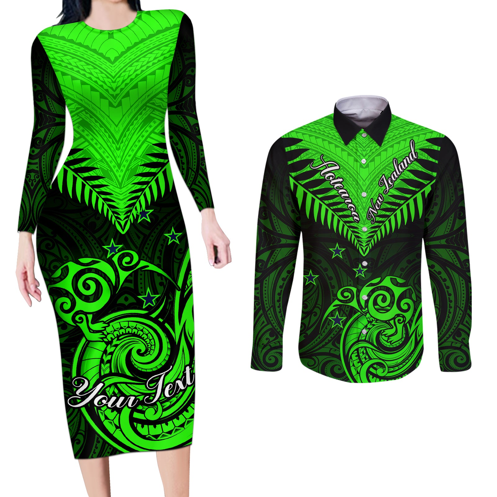 Personalised New Zealand Couples Matching Long Sleeve Bodycon Dress and Long Sleeve Button Shirts Aotearoa Maori Kiwi Green Fern LT01 Green - Polynesian Pride