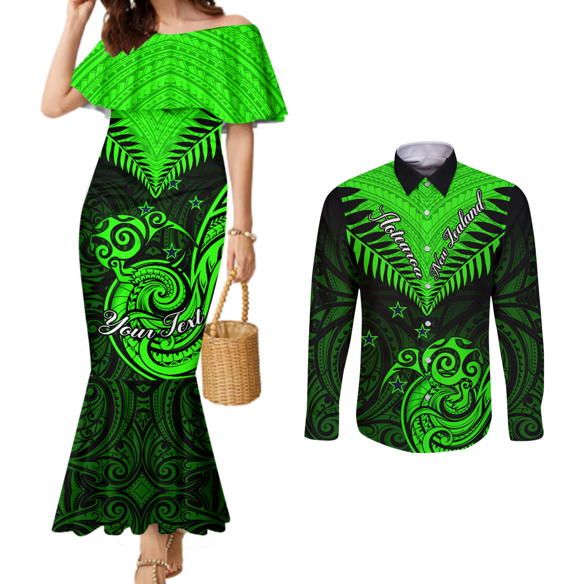 Personalised New Zealand Couples Matching Mermaid Dress and Long Sleeve Button Shirts Aotearoa Maori Kiwi Green Fern LT01 Green - Polynesian Pride