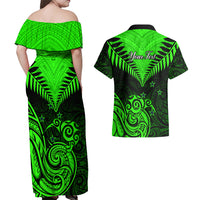 Personalised New Zealand Couples Matching Off Shoulder Maxi Dress and Hawaiian Shirt Aotearoa Maori Kiwi Green Fern LT01 - Polynesian Pride