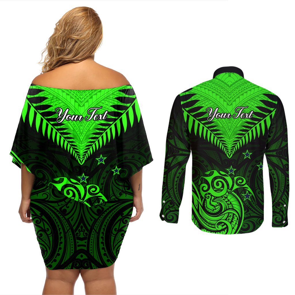 Personalised New Zealand Couples Matching Off Shoulder Short Dress and Long Sleeve Button Shirts Aotearoa Maori Kiwi Green Fern LT01 - Polynesian Pride