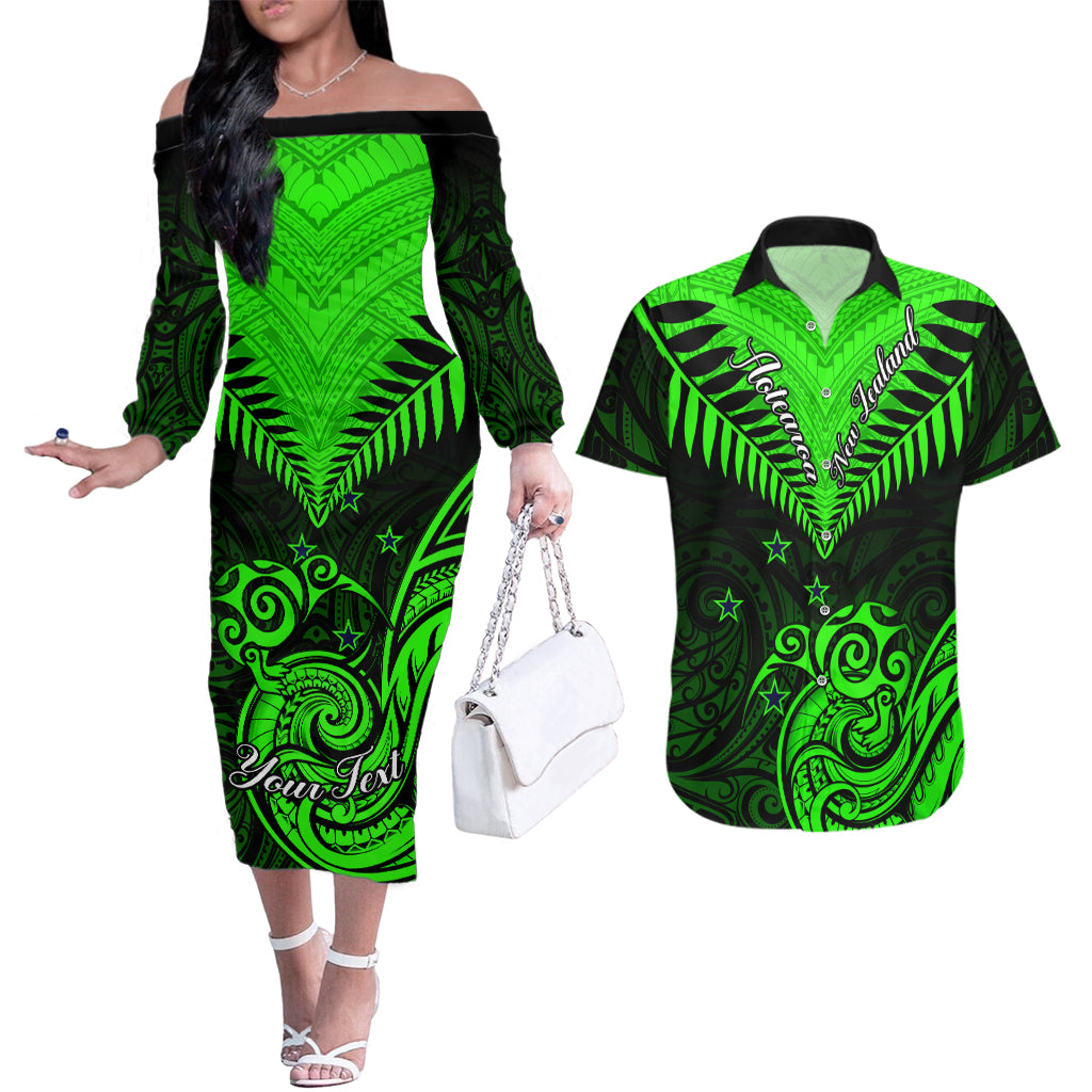 Personalised New Zealand Couples Matching Off The Shoulder Long Sleeve Dress and Hawaiian Shirt Aotearoa Maori Kiwi Green Fern LT01 Green - Polynesian Pride