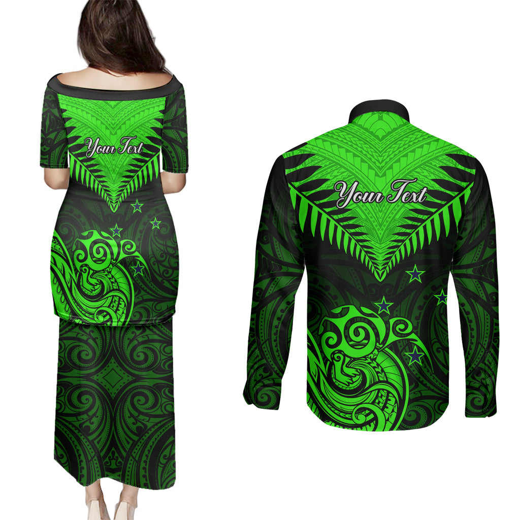 Personalised New Zealand Couples Matching Puletasi Dress and Long Sleeve Button Shirts Aotearoa Maori Kiwi Green Fern LT01 - Polynesian Pride