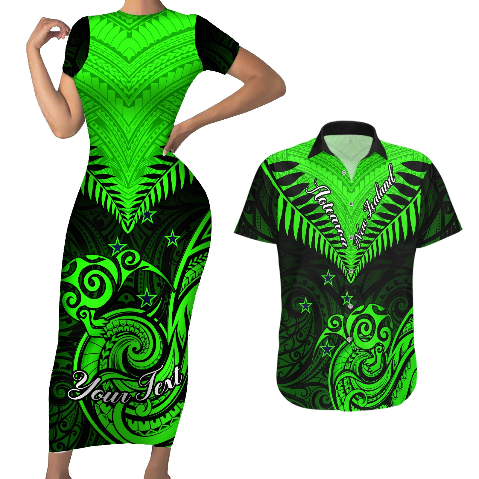 Personalised New Zealand Couples Matching Short Sleeve Bodycon Dress and Hawaiian Shirt Aotearoa Maori Kiwi Green Fern LT01 Green - Polynesian Pride